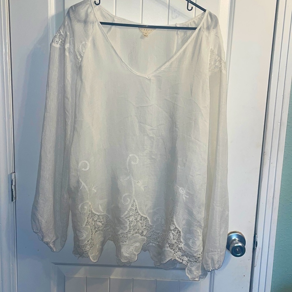 Adiva White Sheer Embroidered V-Neck Blouse
